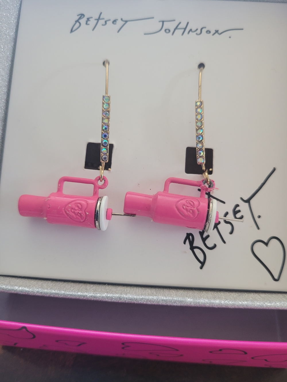 Betsey Johnson Hot Pink Spray Bottle Charm Dangle Earrings